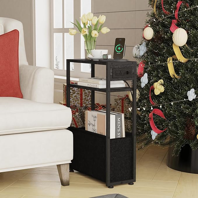 Black Side Table with Charging Station, Slim End Tables with Fabric Basket, Skinny Table for Small Spaces, Thin Bedside Table for Living Room, Bedroom