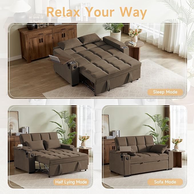 66" Multi-Functional Pull-Out Sofa Bed with Hidden Side Table, Storage Armrests, Built-in Charging Port, Spring Mattress, Solid Wood Frame – Ideal for Small Spaces, Easy Assembly