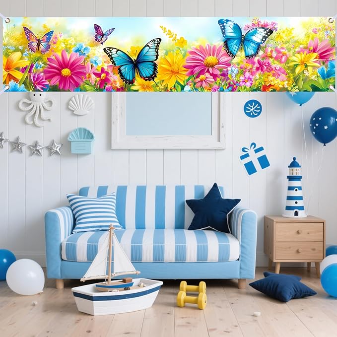 Nuxovilar Happy Birthday Banner Decorations 17.72x78.74 Inch Butterfly Flower Theme - Polyester for Indoor Outdoor Birthday Party Decor