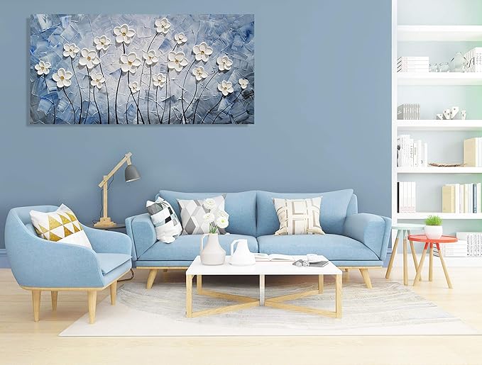 YHSKY ARTS 3D Hand - Painted White Floral Wall Art with Printed Blue Background, Textured Flower Decor for Home
