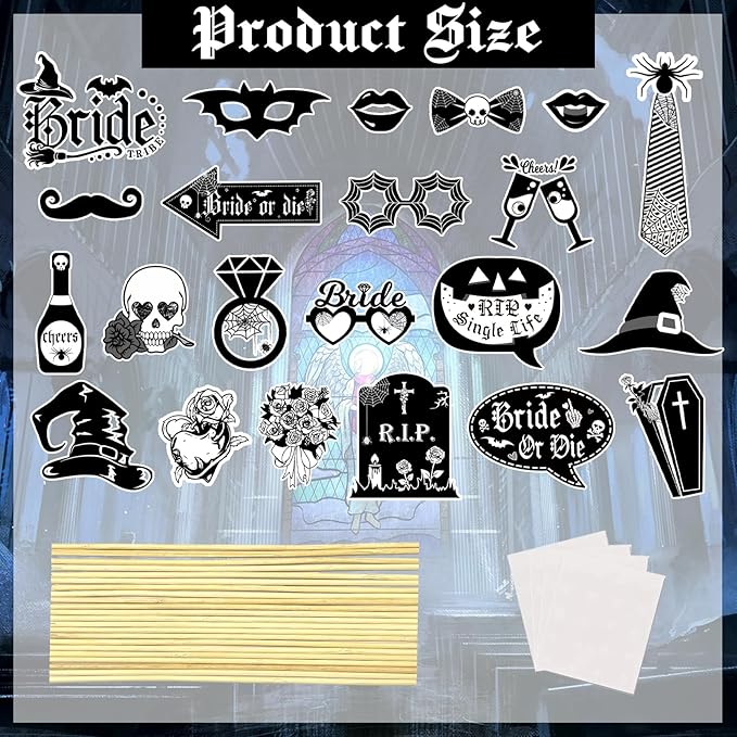 22 PCS Bride Or Die Photo Booth Props- Gothic Bachelorette Decorations for Women Girls, Bridal Shower Engagement Wedding Decorations Rip Single Life for Till Death Do Us Party Supplies