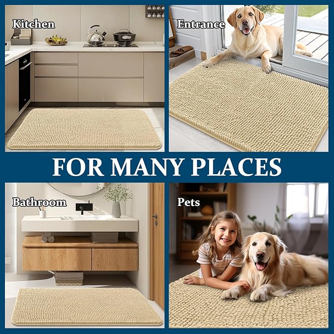 OLANLY Dog Door Mat for Muddy Paws 45x27, Absorbs Moisture and Dirt, Absorbent Non-Slip Washable Doormat, Quick Dry Chenille Mud Mat for Dogs, Entry Indoor Entryway Carpet for Inside Floor, Sand