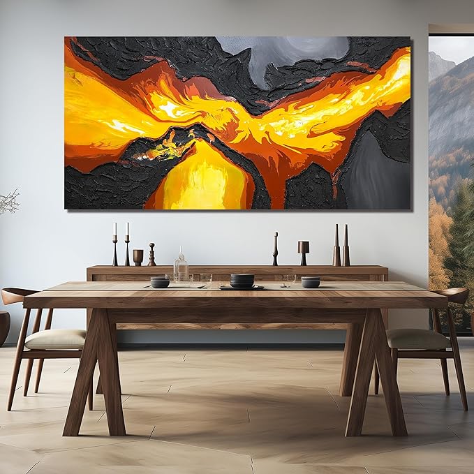 GUGIKA Extra Large Abstract Wall Art for Living Room, Hand Painted 3D Textured Magma Paintings, Black and Gold Yellow Volcanic Lava Canvas Wall-Decor for Bedroom, Size 80x40 Inches