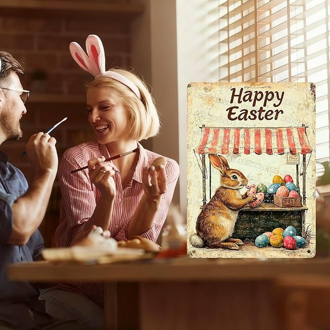 Metal Tin Sign Happy Easter Bunny Signs Vintage Wall Art Decor For Backyard Home Living Room Easter Garden Vintage Wall 12x16Inch