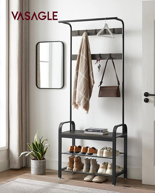 VASAGLE Coat Rack, Hall Tree with Shoe Bench for Entryway, Entryway Bench with Coat Rack, 4-in-1, with 9 Removable Hooks, a Hanging Rod, 13.3 x 28.3 x 72.1 Inches, Charcoal Gray and Black UHSR040B04