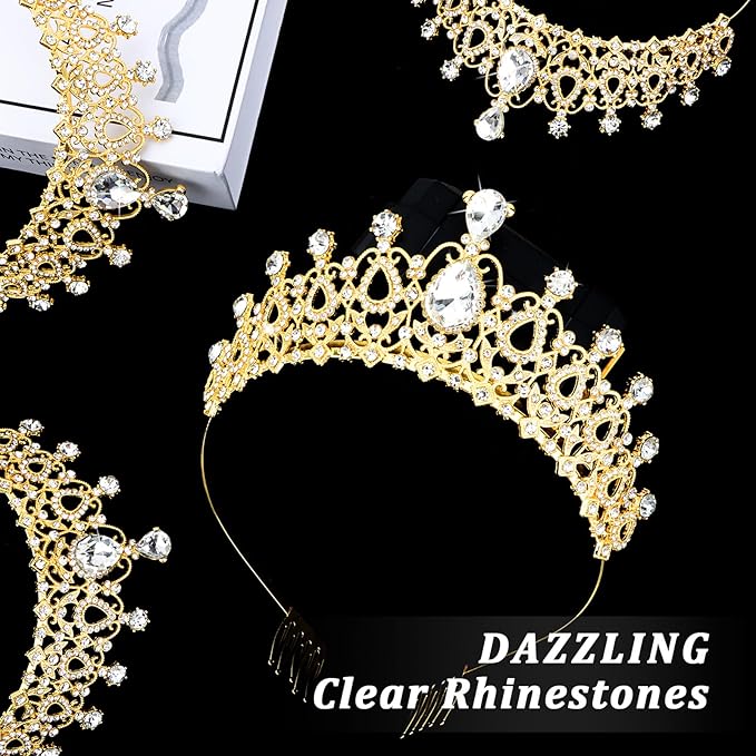 CIEHER 12 PCS Gold Crowns for Women, Crystal Queen Crown Princess Tiaras for Prom Birthday Party Halloween Costume