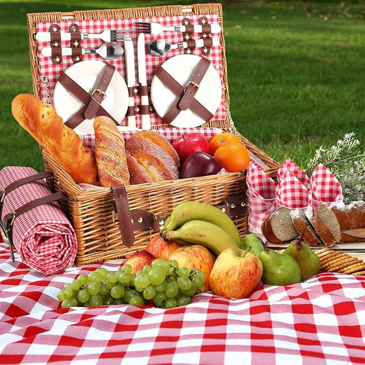 Neti Neti Wicker Picnic Basket for 4 with Insulated Cooler & Waterproof Blanket – Large Willow Picnic Hamper for Outdoor, Camping, Beach, Romantic Dates, Valentine’s Day