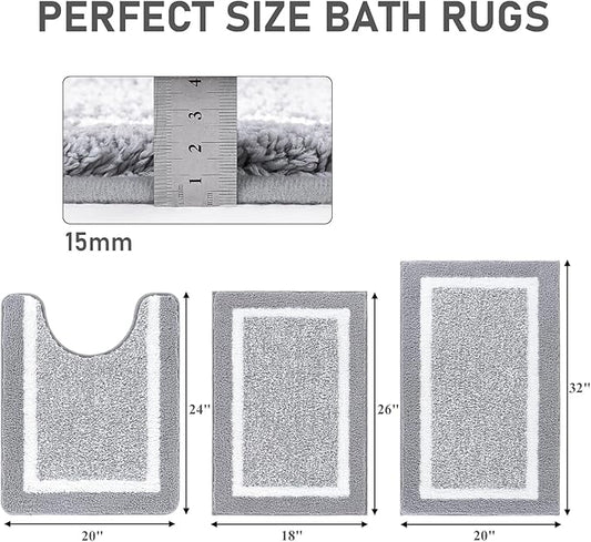 Pauwer Bathroom Rug Sets - 3 Piece Shower Mats with U-Shaped Contour Toilet Mat, Absorbent Microfiber Plush Bath Mats, Non Slip, Machine Washable Shaggy Floor Mats
