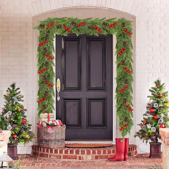9.8FT Christmas Cedar Garland with 3 Pinecone Berry, Realistic Soft Faux Cedar Garlands,Thickness Pine Garland for Home Fireplace Mantle Table Stair Handrail, Indoor Outdoor Christmas Decorations