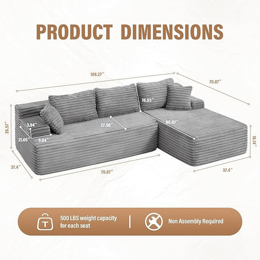 Hobestluk Modular Sectional Sofa Couches L-Shape Couch 3 Seat Modular Sofa Memory Foam Sectional Couches for Living Room, Cloud Couch with Oversized Chaise (Right Facing)