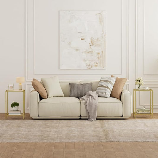 Side Tables Set of 2, End Tables with Tempered Glass, 2-Tier Nightstands with Storage Shelves, Coffee Table with Modern Style, Slim Sofa Table for Living Room, Bedroom, 11.8" D x 15" W, Gold