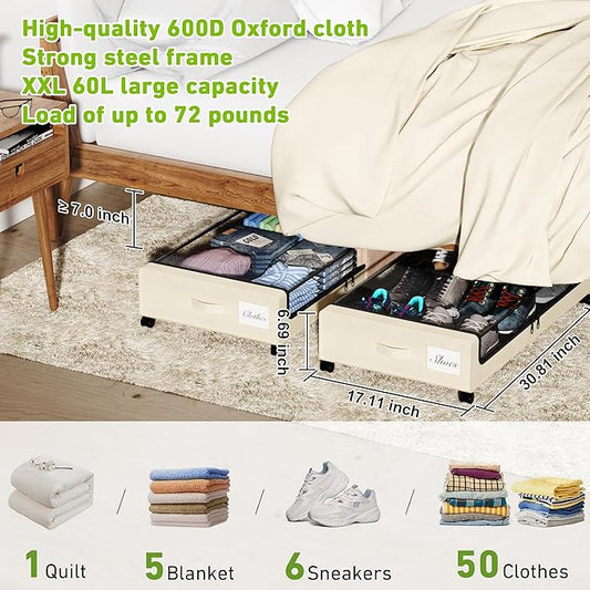 Under Bed Storage with Wheels, Under the Bed Storage Containers with Clear Lids & Label, Underbed Storage Bins, XXL 60L Rolling Metal Drawer for Clothes, Shoes, Toys, Books (4-Pack Beige)