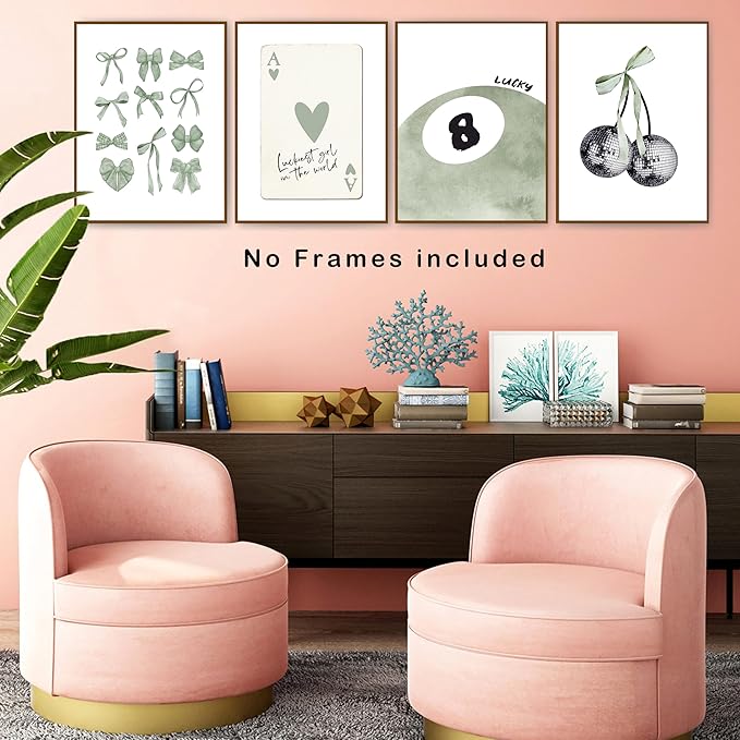okaxscm Sage Green Coquette Trendy Preppy Wall Art Prints Set of 4, Coquette Preppy Room Decor Aesthetic, Green Bow Disco 8 Ball Cherry Wall Decor Posters for Girls Bedroom Dorm, 12x16 Unframed