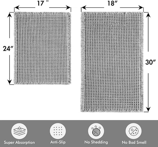 MIULEE Set of 2 Waffle Bathroom Rugs, Boho Bath Rugs Non Slip Washable, Super Absorbent Bath Mats, Ultra Soft Rubber Backed Shower Mats for Bathroom Floor, Tub and Shower, Light Grey, 17"x24"+18"x30"