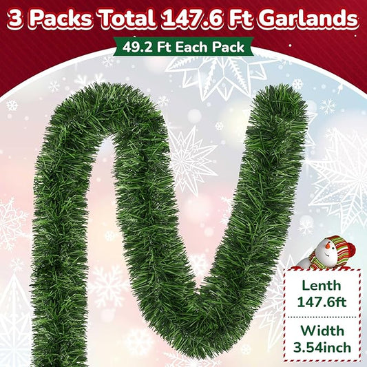 150 ft Green Christmas Garland Decorations Artificial Greenery 3.5" Wide Pine Garland PVC Soft Christmas Decorations for Indoor Outdoor Tree Stair Banister Fireplaces, 3 Pcs, 49 ft Each