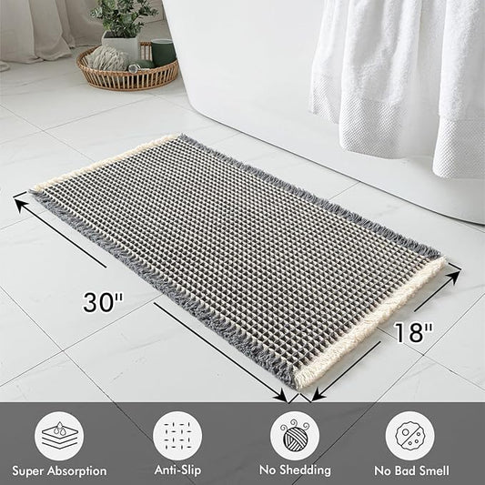 MIULEE Set of 2 Waffle Bathroom Rugs, Boho Bath Rugs Non Slip Washable, Super Absorbent Bath Mats, Ultra Soft Rubber Backed Shower Mats for Bathroom Floor, Tub, Dark Grey & Yellow, 18x30 Inch