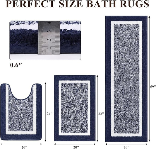 Pauwer Bathroom Rugs Sets 3 Piece Bathroom Shower Rugs with U-Shaped Contour Toilet Mat Absorbent Microfiber Plush Bath Mats Non Slip Bath Rugs Machine Washable Shaggy Bathroom Floor Mats, Navy