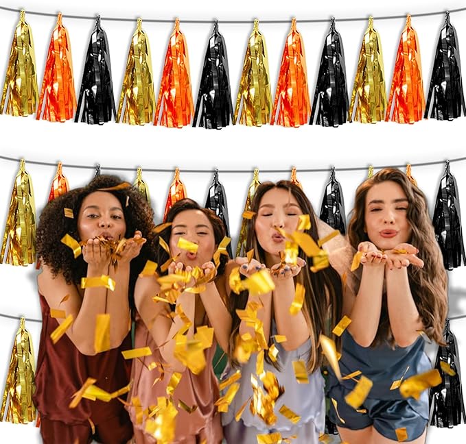 3P Orange Gold Black Tassel Banner Garland Metallic Foil Fringe Banner Tinsel Tassels Streamer Banner Backdrop for Parade Floats, Graduation Decorations, Halloween, Christmas Decorations