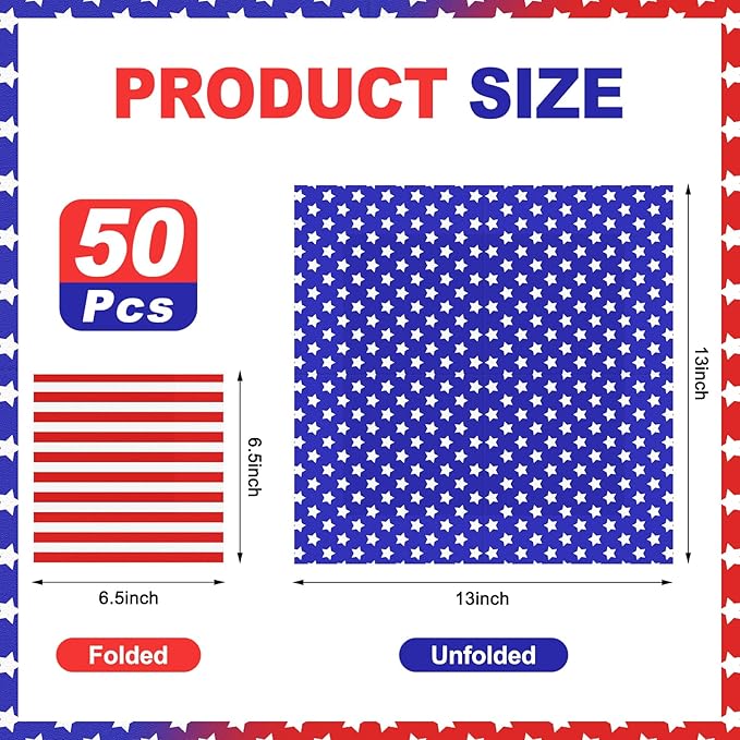 American USA Flag Patriotic Napkins-50PCS 4th of July Red White Blue Star Napkins Disposable Cocktail Party Paper Napkins for Memorial Day Election Day Independence Day Decorations