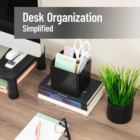 Mind Reader 2-Compartment Desktop Organizer, Removable Wood Divider, Non-Slip Base, Plastic and Wood, Black