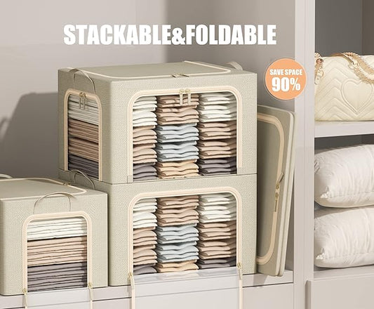 3 Opeings Large Clothes Storage Bins with Metal Frame, Foldable Storage Bin for Clothes, Clothing Storage Bins with Lid, Linen Storage Box With Clear Window& Zippers& Durable Handles.(3 Pcs,Beige,66L)