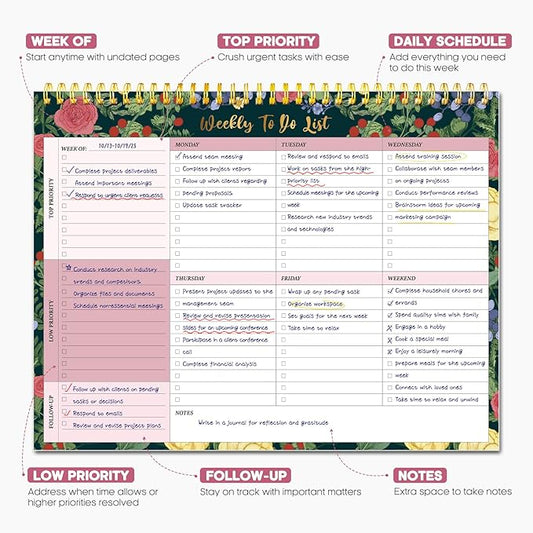 Taja Weekly To Do List Notepad with 52 Undated Sheets(8.5"×11")- Weekly Desk Planner for Women & Man, Work and Home - 1 Pack Berry Floral