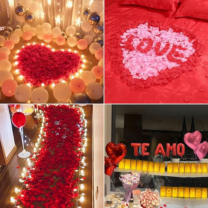 ¿Quieres casarte conmigo? Lighted Letters Sign 17pcs Luminary Paper Bags 2200pcs Red Pink Artificial Rose Petals 48pcs Flameless LED Candle Tealight 15pcs Heart Balloons Romantic Night Valentine's Day