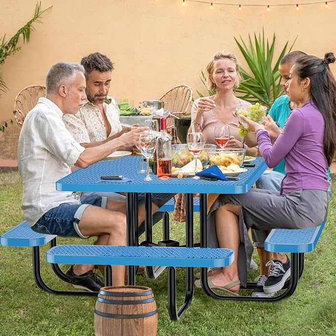 47'' Heavy-Duty Metal Picnic Tables with Umbrella Hole, Outdoor Steel Heavy Duty Commercial Grade Black Table, Outdoor Bench Set for Lawn, Patio, Park, Yard, Garden, Porch (Set B, Square)