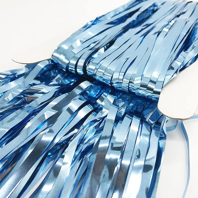 2 Pcs Light Blue Metallic Tinsel Foil Fringe Curtains Backdrop, 3.28 ft x 6.56 ft Streamers for Birthday Wedding Engagement Bachelorette Party Photo Booth Bridal Shower Baby Shower Decoration Supplies