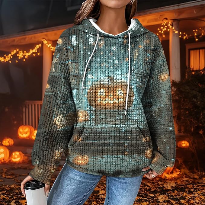 Halloween Sweatshirts for Women Novelty Graphic Drawstring Waffle Hoodies Loose Casual Pullover Tops with Pocket