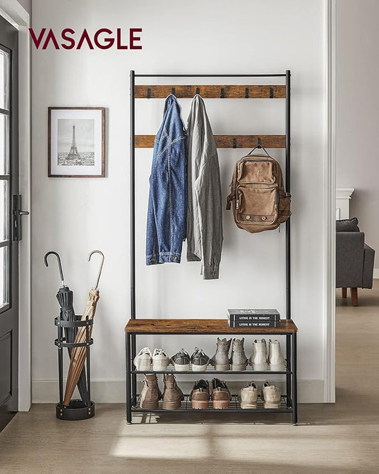 VASAGLE Coat Rack, Hall Tree with Shoe Storage Bench, Entryway Bench with Shoe Storage, 3-in-1, Steel Frame, for Entryway, 12.6 x 33.5 x 68.9 Inches, Industrial, Rustic Brown and Black UHSR401B01