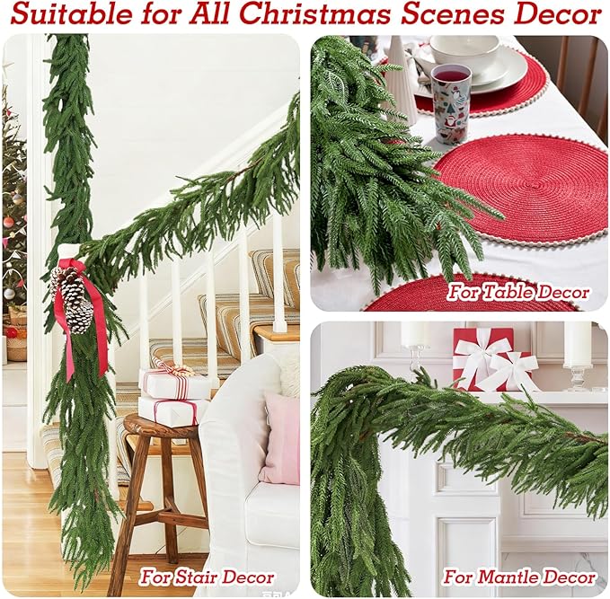 9FT Christmas Artificial Norfolk Pine Garlands for Mantle Fireplace, Real Touch Faux Greenery Pine Garland for Holiday Xmas Decorations