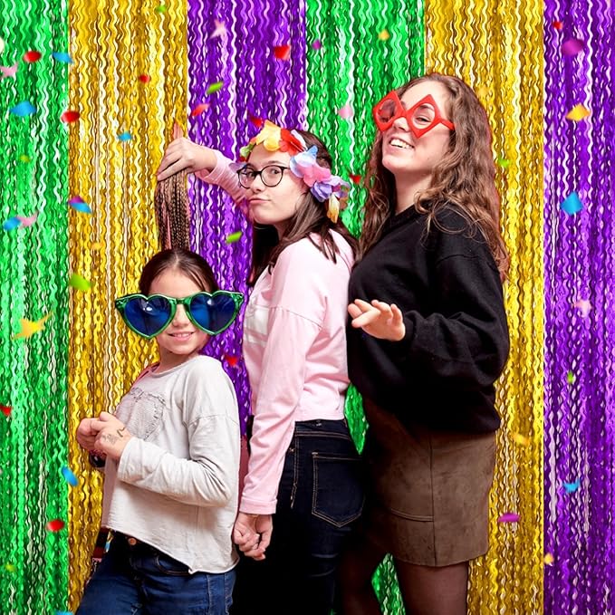 4 Pack Gold Green Purple Fringe Curtain Backdrop 3.2Ft x 8.2Ft Metallic Tinsel Foil Fringe Streamers Background for Photo Booth Mother's Day, Easter, Carnival, Birthday, Wedding Party Decoration
