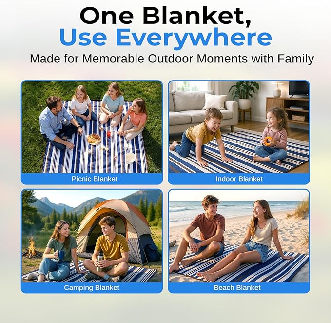 scuddles Blue Extra Large Picnic Blanket 78x59 Inch Waterproof Outdoor Mat Soft 3 Layer Acrylic Sponge PEVA Foldable with Carry Strap Lightweight Compact for Beach Camping Hiking Travel Family Use
