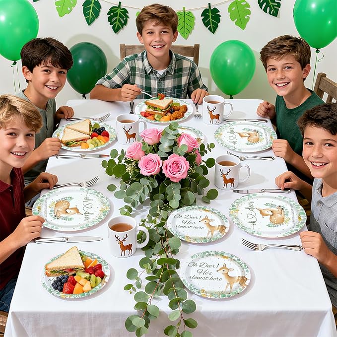 96Pcs Oh Deer He's Almost Here Baby Shower Party Supplies Green Deer Plates and Napkins Woodland Animal Tableware Set for Boy Animal Baby Shower Gender Reveal Party Supplies,Serves 24
