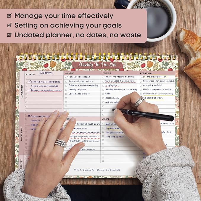 Taja Weekly To Do List Notepad with 52 Undated Sheets(8.5"×11")- Weekly Desk Planner for Women & Man, Work and Home - 1 Pack Cherry Orchard