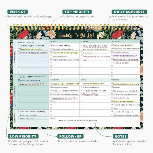 Weekly To Do List Notepad with 52 Undated Sheets(8.5"×11")- Undated Weekly Planner Notepad for Office Desk Accessories and Supplies - Sage Blossom