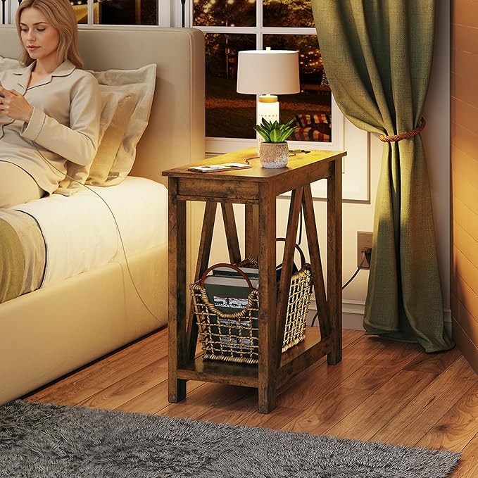 WLIVE End Tables Living Room Set of 2 with Charging Station, Sofa Side Tables with Open Storage Shelf, Slim Farmhouse End Table Sets, Rustic Brown