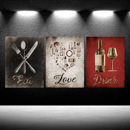 iKNOW FOTO 3 Piece Canvas Wall Art Set 'Eat, Drink, Love' Inspirational Quote Prints for Kitchen, Dining Room, Restaurants Ready to Hang 12x16 Inches Each