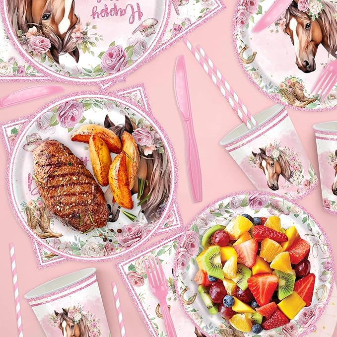 168Pcs Horse Party Supplies Cowgirl Horse Birthday Plates and Napkins Cups Disposable Tableware for Pink Wastern Girls Birthday Baby Shower Cowgirl Party Decorations, Serves 24 Guests