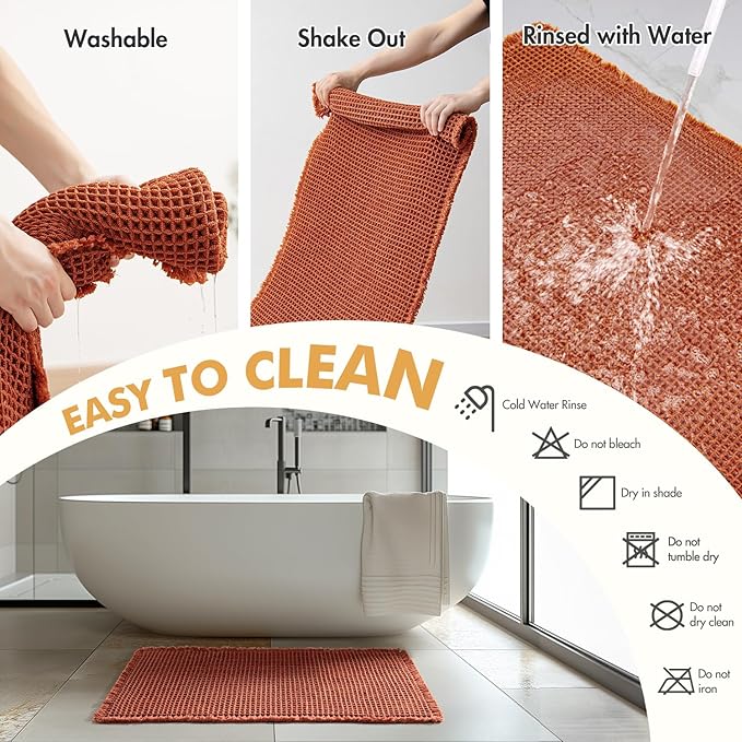 MIULEE Orange Set of 2 Waffle Bathroom Rugs, Boho Bath Rugs Non Slip Washable, Super Absorbent Bath Mats, Ultra Soft Rubber Backed Shower Mats for Bathroom Floor, Tub and Shower, Fall Decor 18x30 Inch