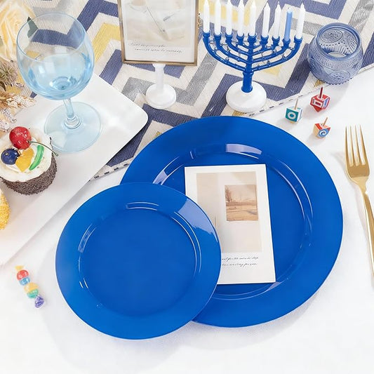 I00000 200 Pcs Hanukkah Plastic Plates, Hanukkah Plates Disposable Blue Party Plates Include 100 Blue Dinner Plate 10’’ and 100 Plastic Dessert Plate 7’’ Perfect for Hanukkah, Party