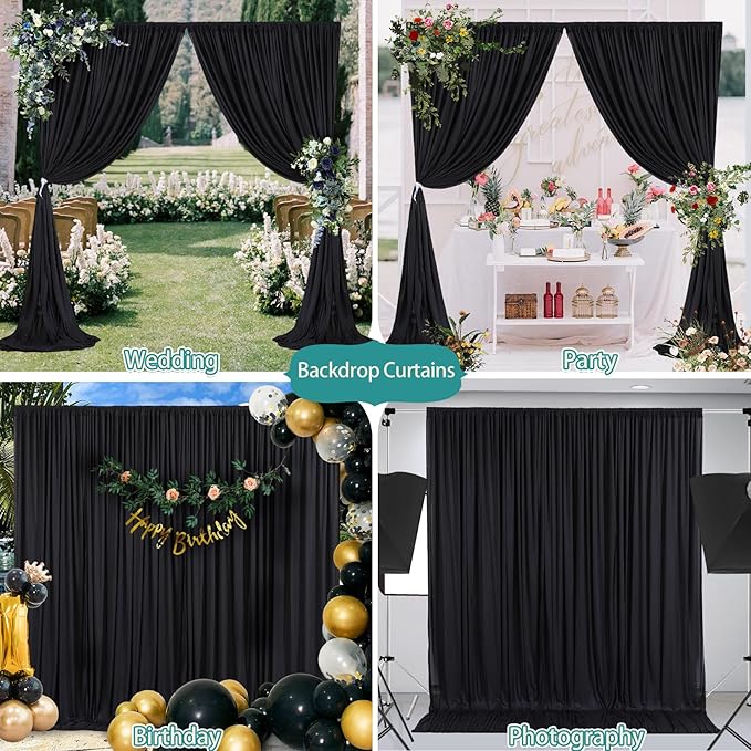 8 x 10ft Black Backdrop Curtains for Party Photo Background Curtains 2 Panels (10'L x 4'W Each) with Rod Pocket, Wrinkle-Free Polyester Cortinas Negras for Wedding Birthday Prom Halloween RIP Events