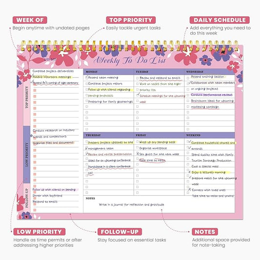 Weekly To Do List Notepad with 52 Undated Sheets(8.5"×11")- Undated Weekly Planner Notepad for Office Desk Accessories and Supplies - Petal Pink