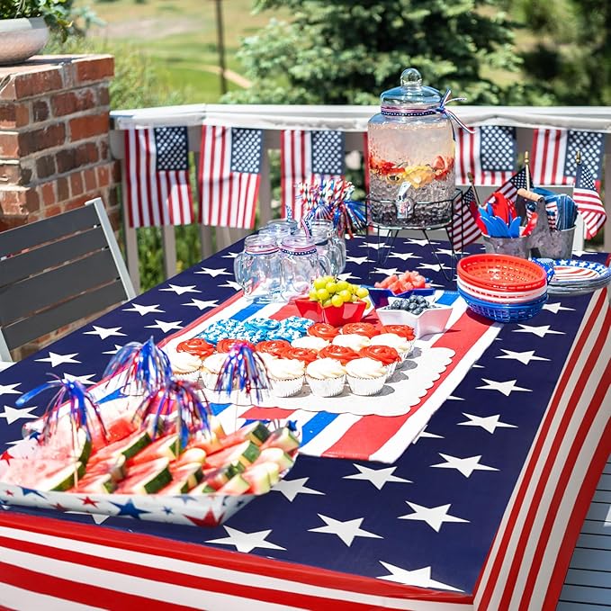Oudain 2 Pcs Red White and Blue Star Stretch Table Cover 6 Feet Patriotic Spandex Table Clothes American Star Party Decorations for Independence Day Veterans Memorial Day Events Party Celebration