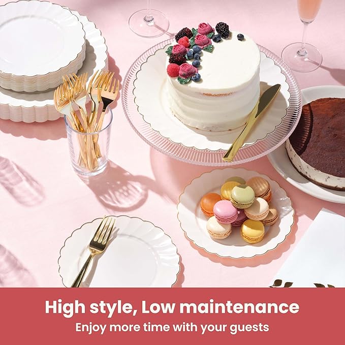 By Madee HEAVYWEIGHT 100 Pc Fancy Plastic Plates for Thanksgiving Dinner – Ivory Scalloped Plates with Rose Gold Trim 50 Dinner & 50 Dessert Disposable for Fall Party & Friendsgiving (50 Guests)