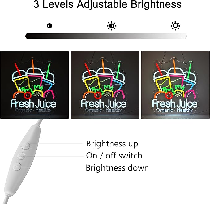 Fresh Juice Neon Sign, Neon Lights Hanging Wall Art Decoration for Juice Bar Shop Food Truck Market Bakeries Café Celebration Home Decor, USB Powered Ultra Bright Dimmable, 15.35×12.6inches