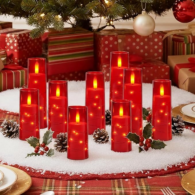 Raycare Flameless Candle with Remote Timer – 9 Flickering Acrylic Battery Operated LED Pillar Candles with Embedded Star String for Christmas, Home Decor, and as a Gift (Red)