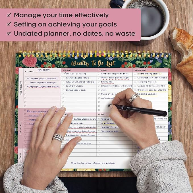 Taja Weekly To Do List Notepad with 52 Undated Sheets(8.5"×11")- Weekly Desk Planner for Women & Man, Work and Home - 1 Pack Berry Floral