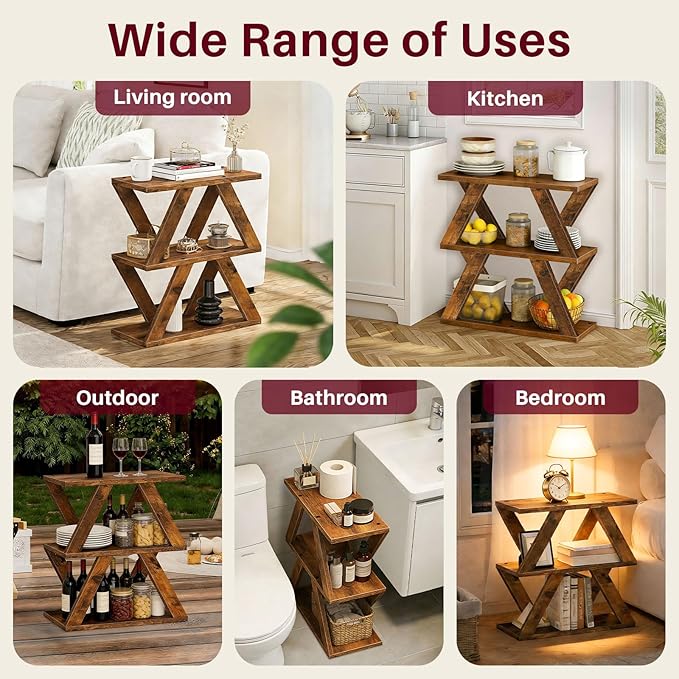 3 Tier Side Table with Side Guard Rails & Anti-Slip Pads, Narrow End Table for Small Spaces, Slim Nightstand with Storage Shelves for Bedroom, Living Room, Rustic Brown
